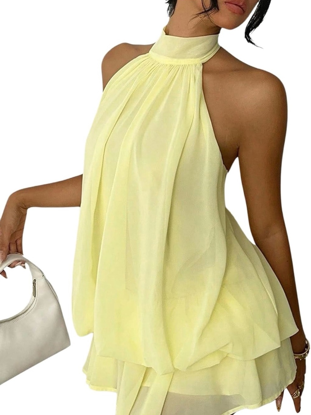 Yellow Halter Neck Layered Mini Dress